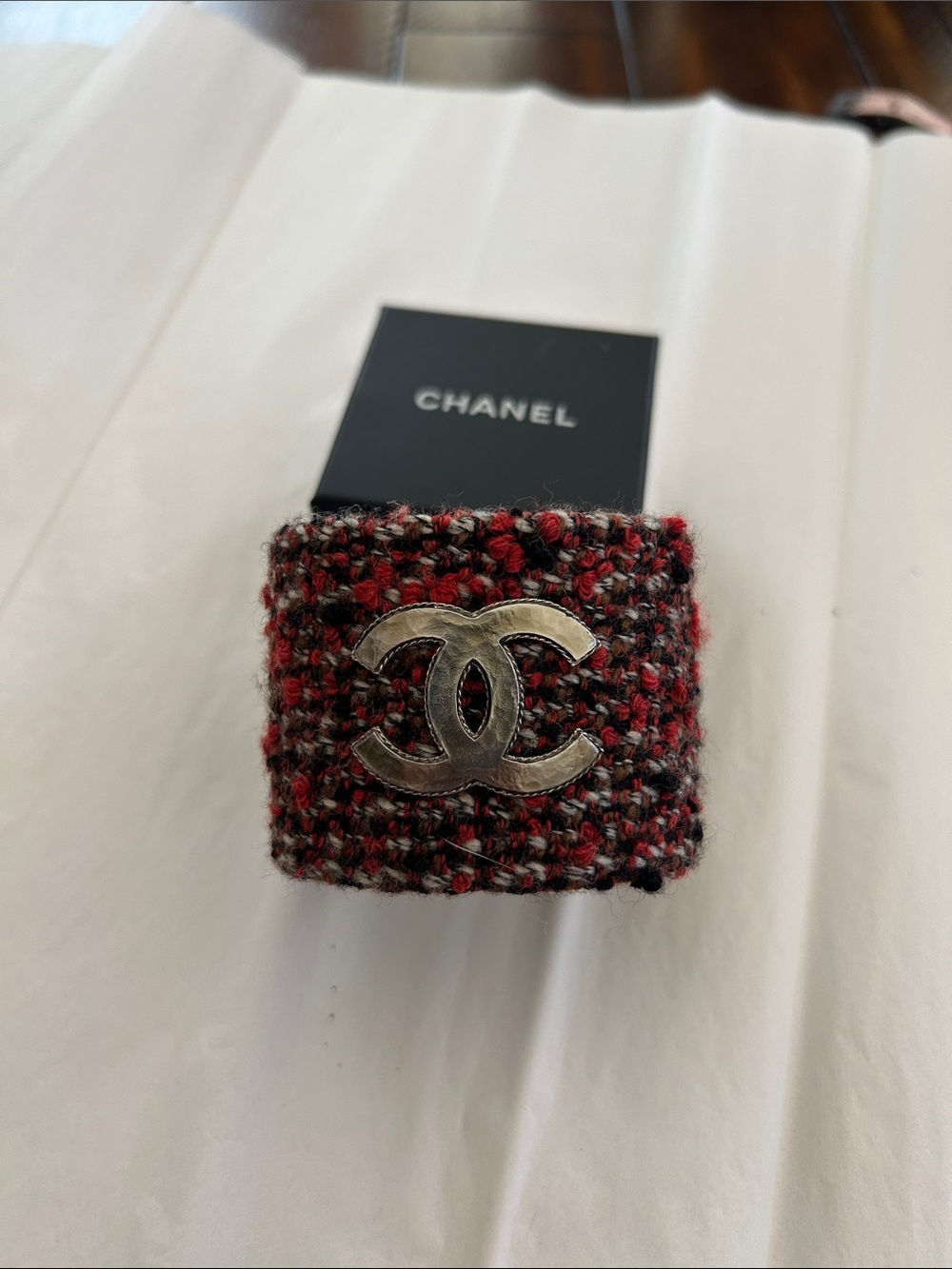 CHANEL Red and Black Tweed Cuff Bracelet with Silver CC